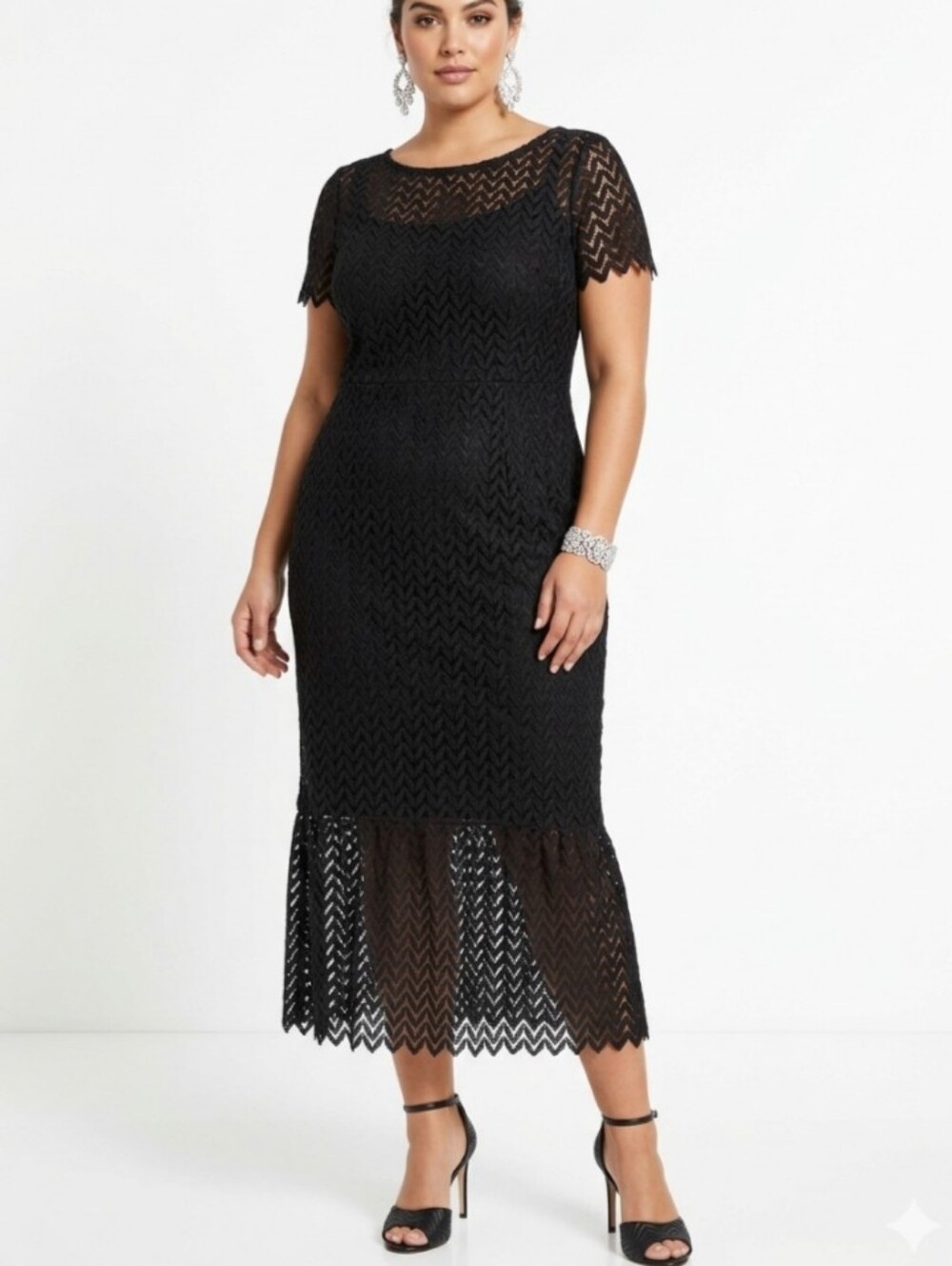 Kay Unger NY Formal Black Lace Midi Dress